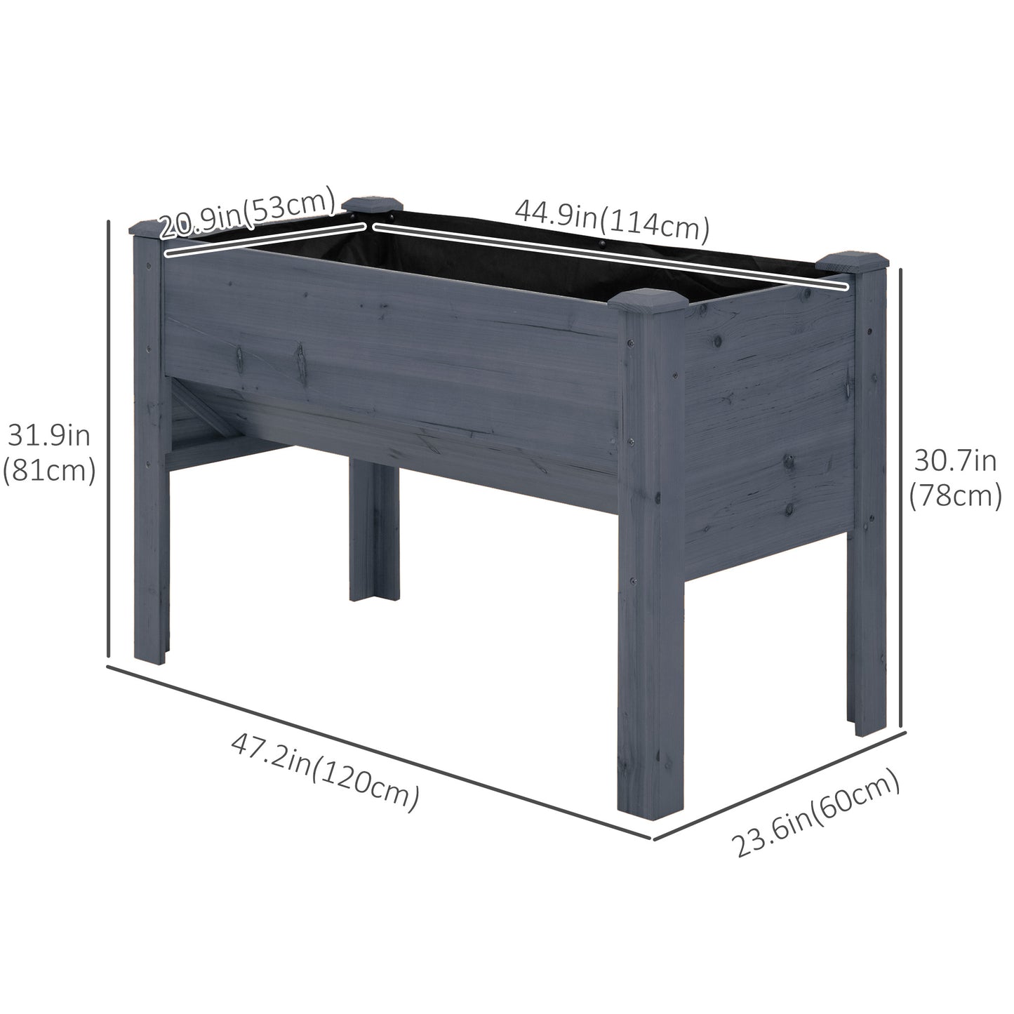 Wooden Raised Garden Plant Stand Outdoor Tall Flower Bed Box with Hooks, 48" x 24" x 32", Grey