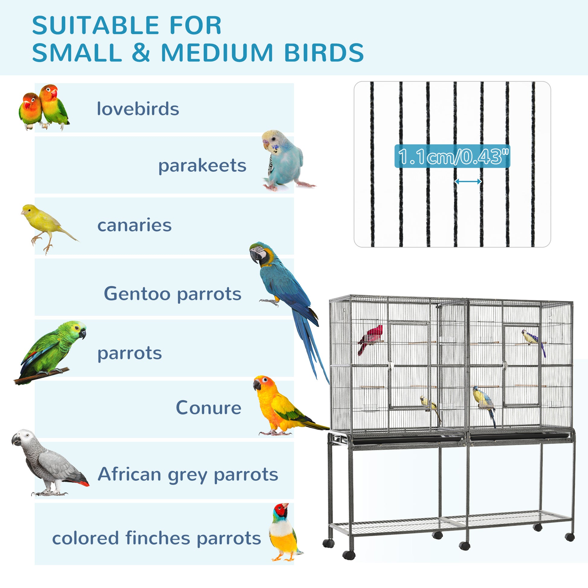 64" Extra Large Bird Cage, Rolling Metal Parrot Cage, Bird House with Detachable Rolling Stand, Storage Shelf, Wood Perc
