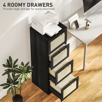 4 Drawer Filing Cabinet with Lock, Boho File Cabinet for A4 Letter Size Files with Decorative Rattan Accents, Black