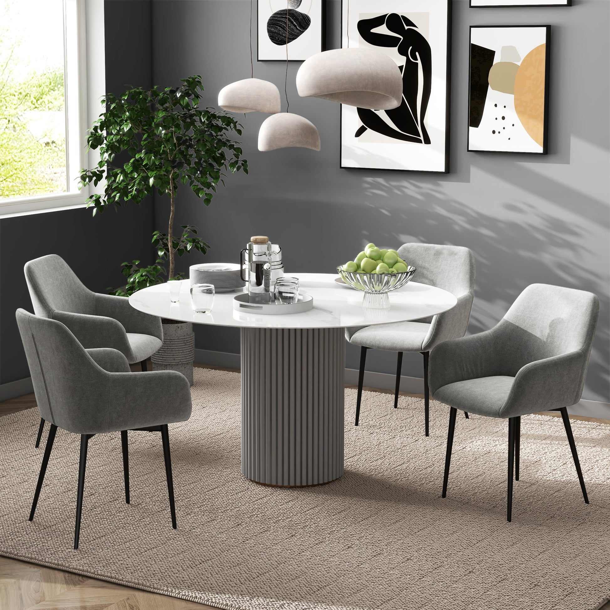 Dining Chairs Set of 2, Velvet-look Fabric Upholstered Kitchen Chairs with Backrest, Armrests and Steel Legs, Dark Grey