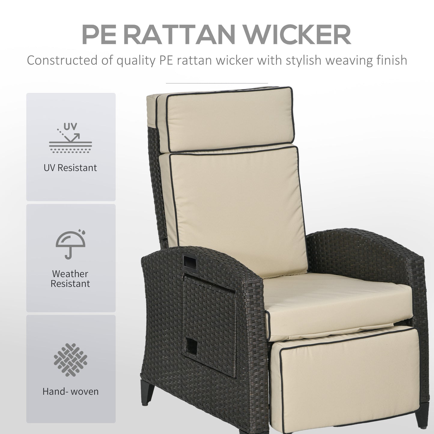 Outdoor Recliner Chair with Adjustable Backrest and Footrest, Washable Cushion, Side Tray, Up to 352 lbs, Khaki