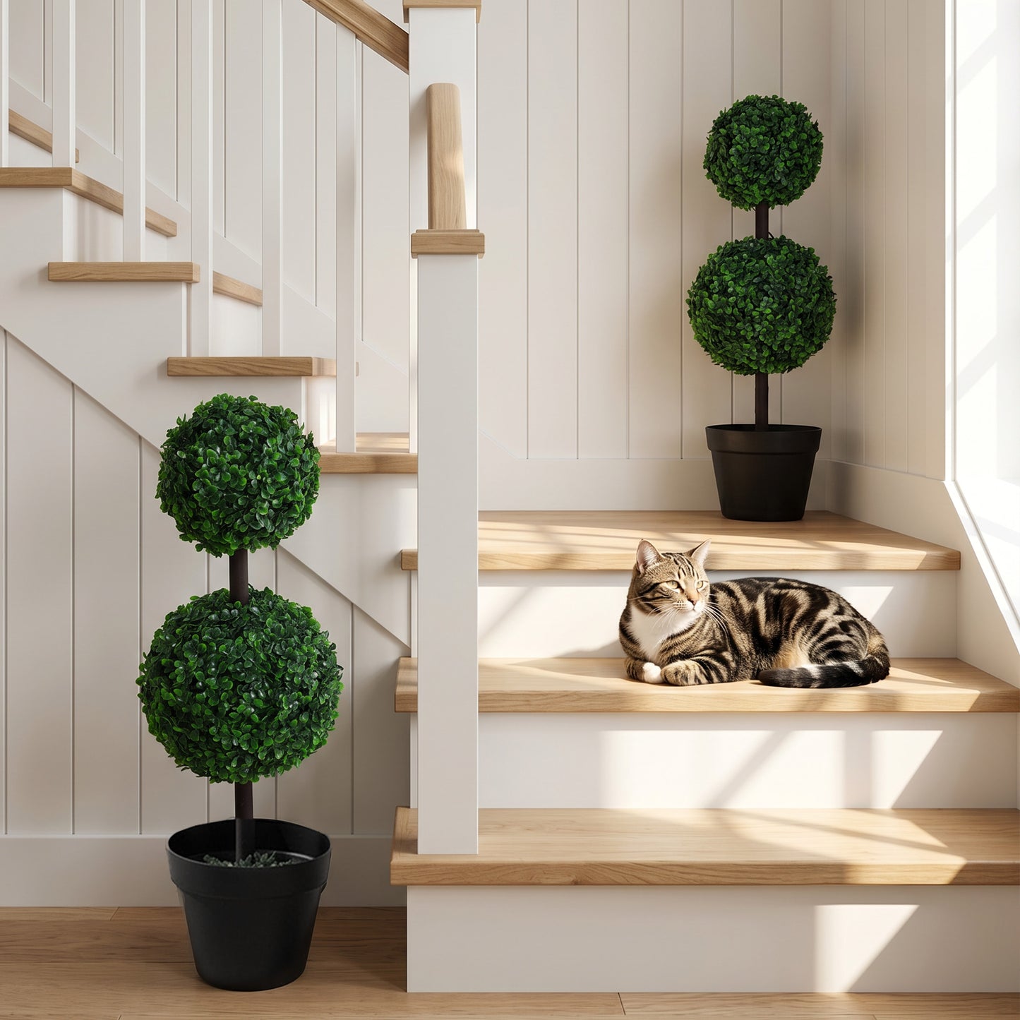 2 Ball Topiary Tree in Pot for Home Decor Set of 2, Artificial Plant for Home Office, Living Room Decor, Dark Green