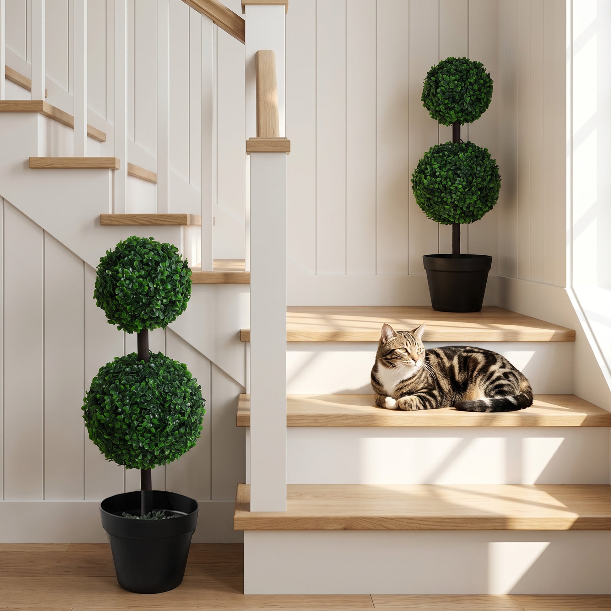 2 Ball Topiary Tree in Pot for Home Decor Set of 2, Artificial Plant for Home Office, Living Room Decor, Dark Green