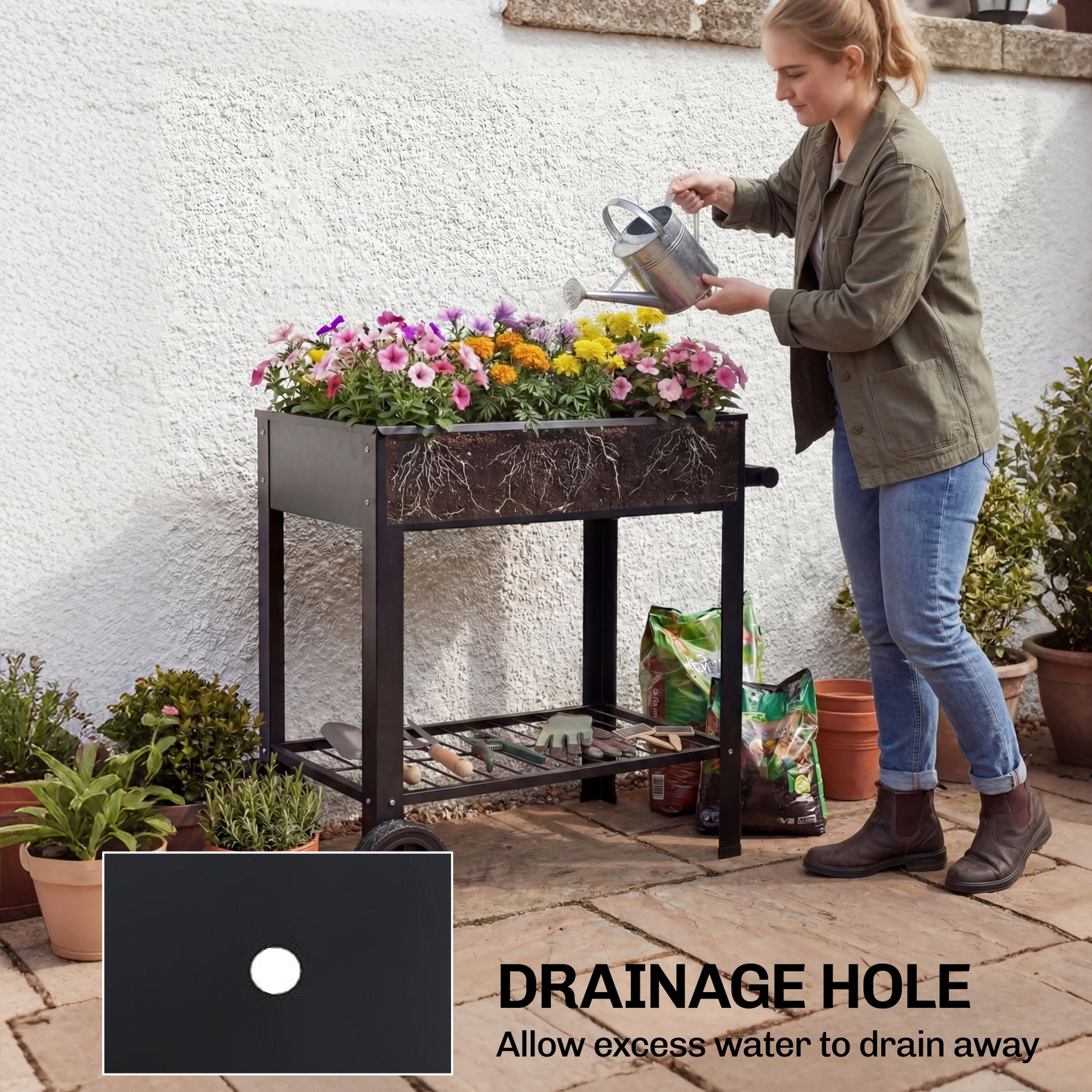 Metal Raised Garden Bed, Elevated Planter Box with 2 Wheels, Handle and Shelf, 31.5" Tall Raised Planter