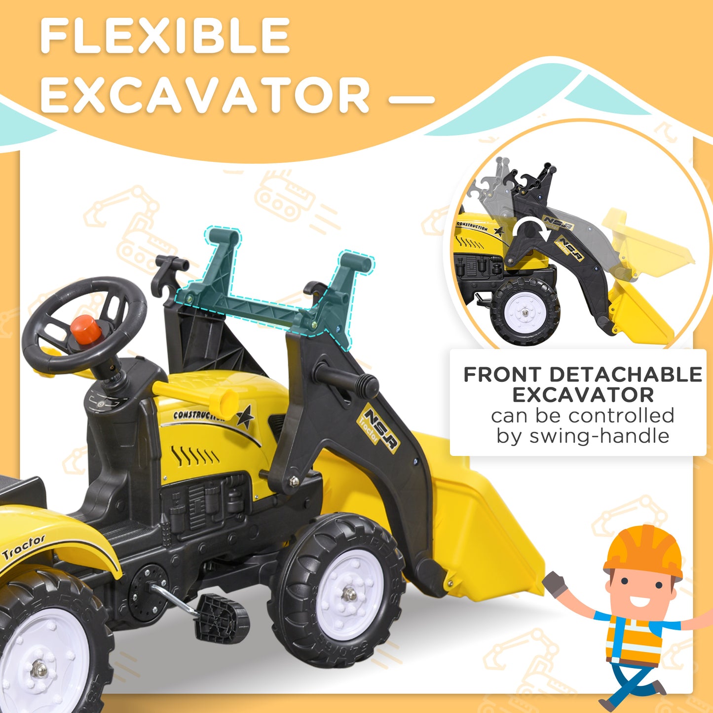 VarietyKart Front Loader Excavator Ride On Toy Pedal Control with 6 Wheels Controllable Bucket for 3 Years Old, Yellow