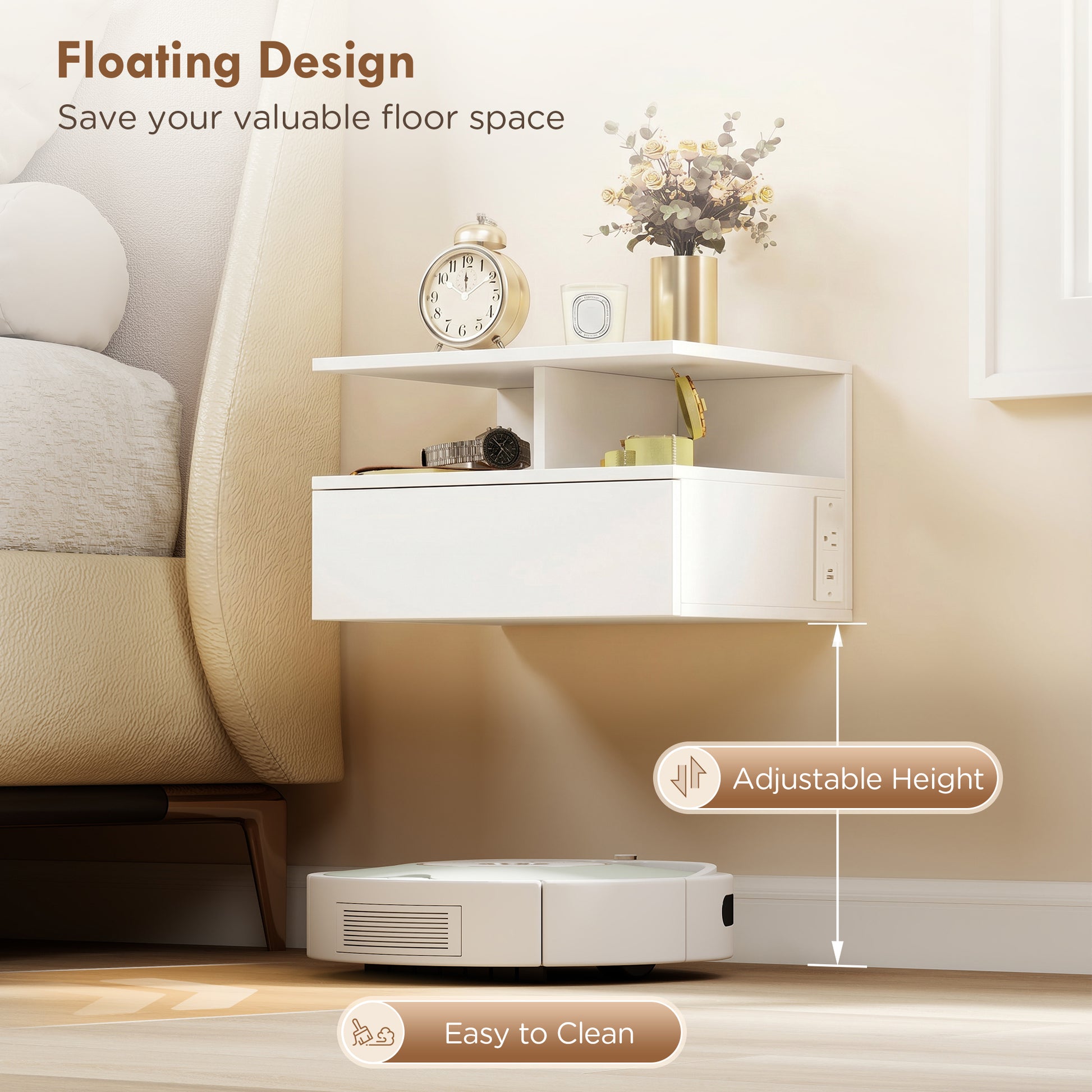 Floating Nightstand Set of 2, Wall Mounted Bedside Table with with Power Outlets, Drawer and Shelf, White