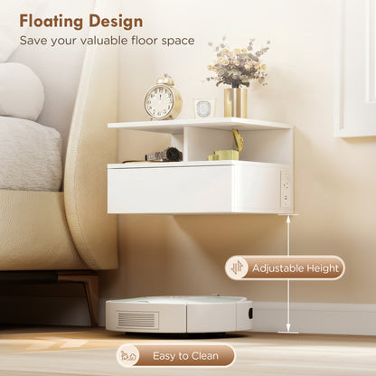 Floating Nightstand Set of 2, Wall Mounted Bedside Table with with Power Outlets, Drawer and Shelf, White