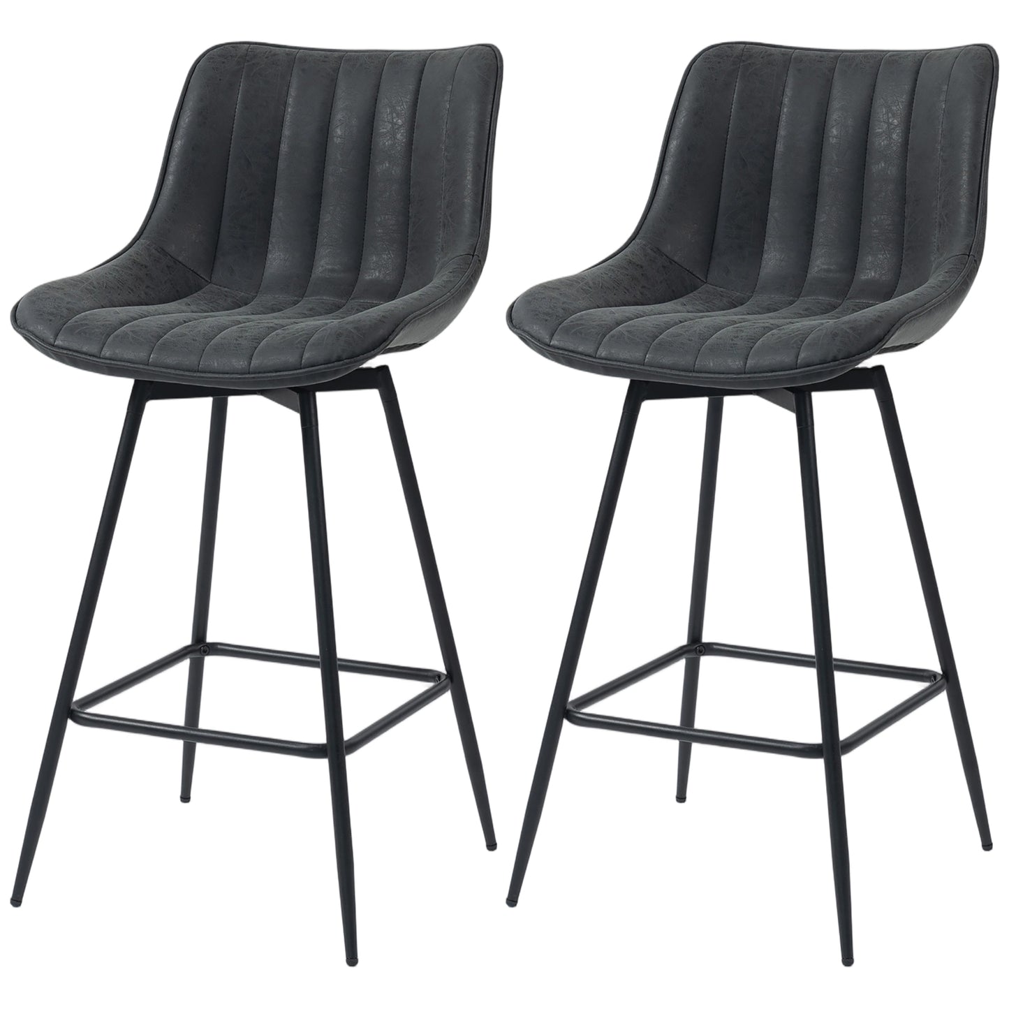 Set of 2 Counter Height Barstools, PU Leather Upholstered Bar Stools with Backrest, Footrest and Steel Legs, Black