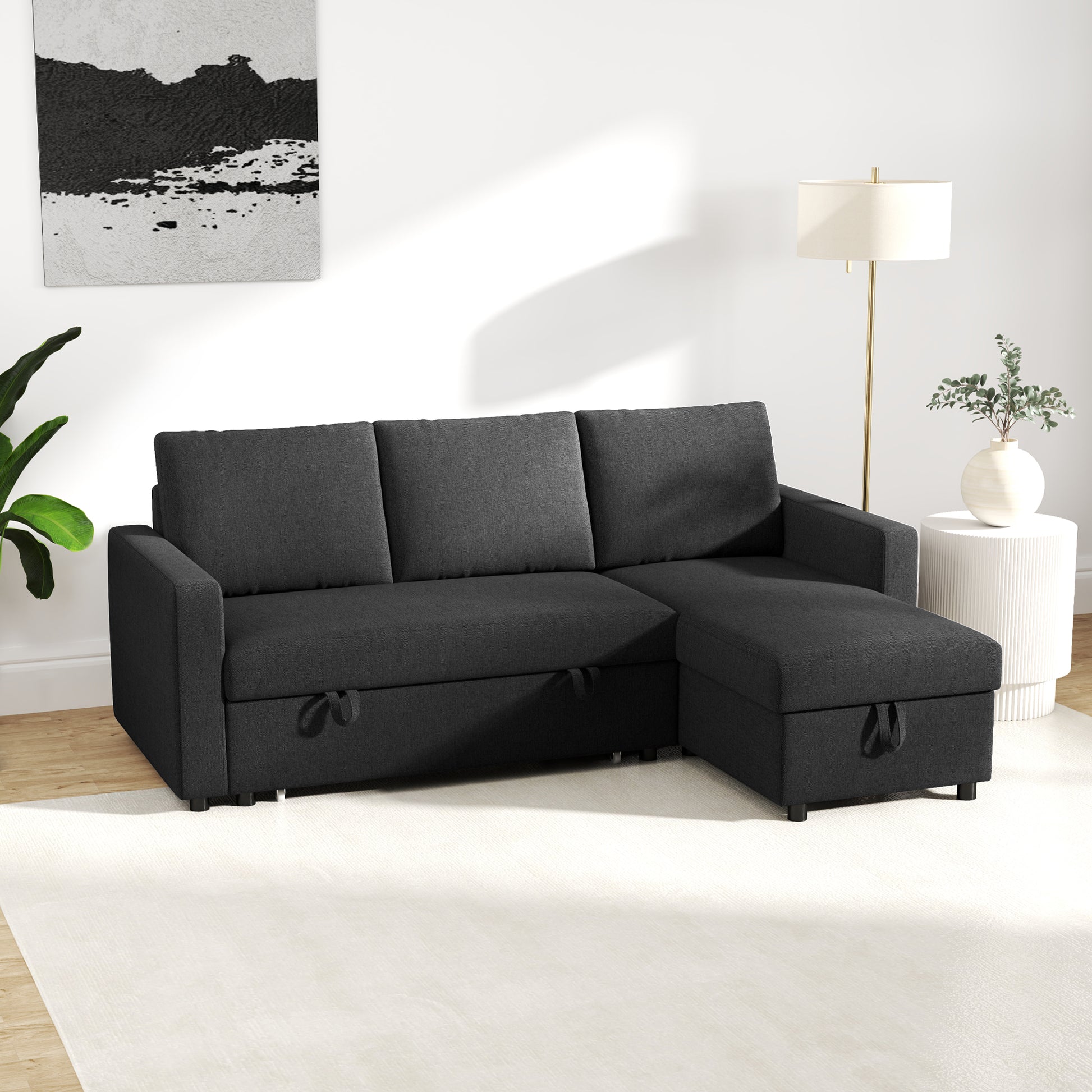 83" Sofa Bed, Pull Out Sleeper L Shaped Sectional Couch with Reversible Storage Chaise, Wide and Deep Seat, Black