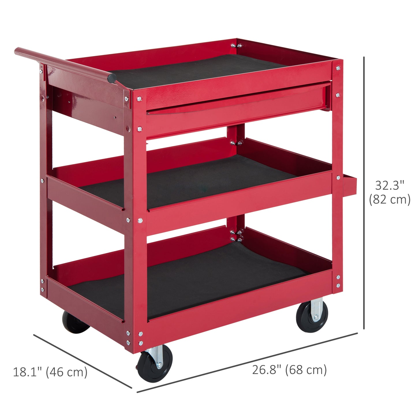 3-Tier Rolling Tool Cart with Drawer and Side Box, 132 LBS Capacity Steel Utility Cart, Mobile Service Tool Organizer fo
