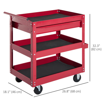 3-Tier Rolling Tool Cart with Drawer and Side Box, 132 LBS Capacity Steel Utility Cart, Mobile Service Tool Organizer fo