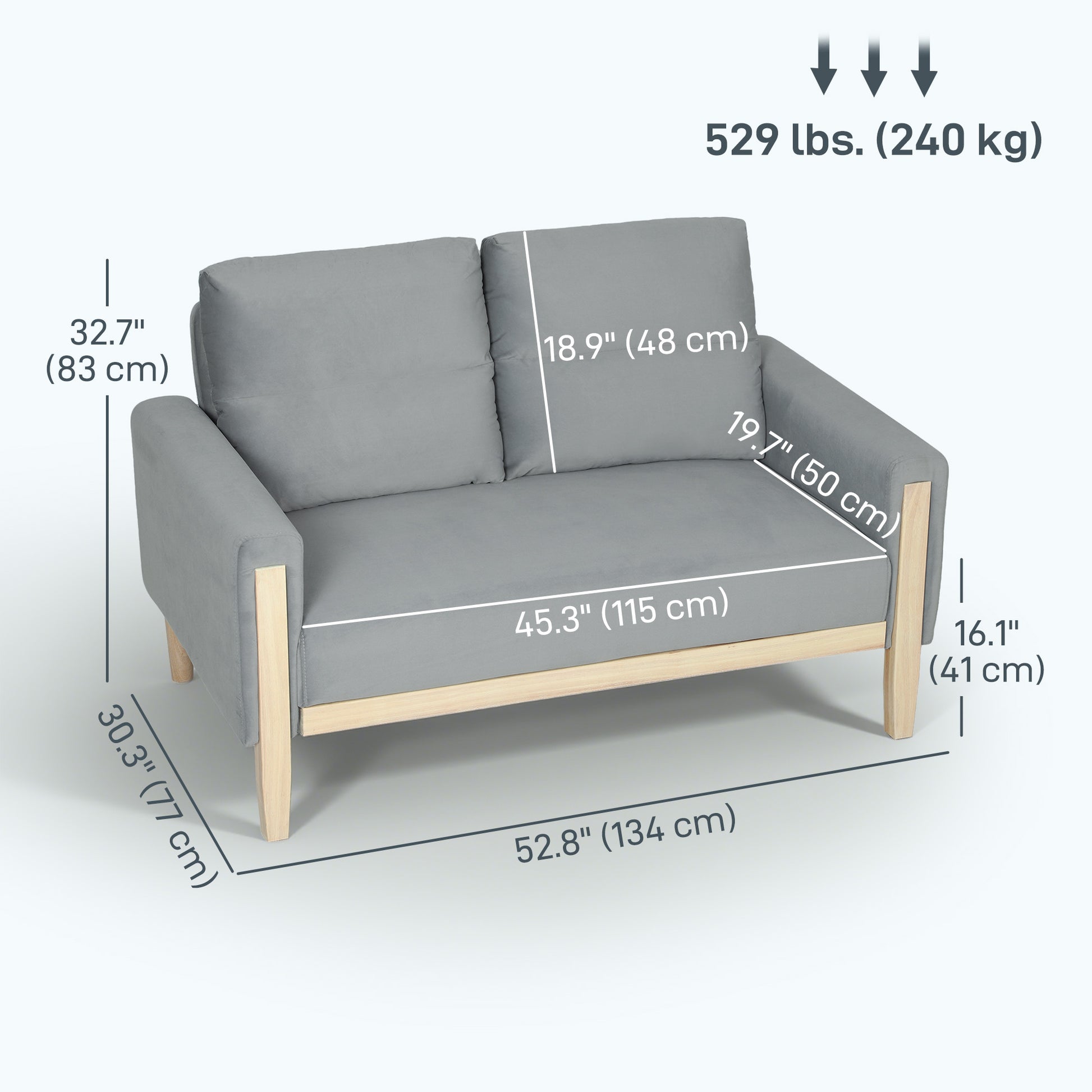 53" Loveseat Sofa, Small 2 Seater Couch with Solid Wood Legs, Modern Velvet Sofa for Living Room, Small Spaces, Grey