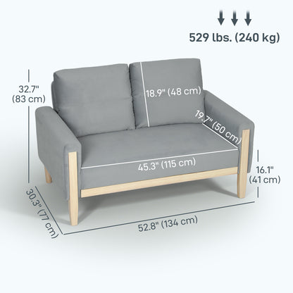 53" Loveseat Sofa, Small 2 Seater Couch with Solid Wood Legs, Modern Velvet Sofa for Living Room, Small Spaces, Grey