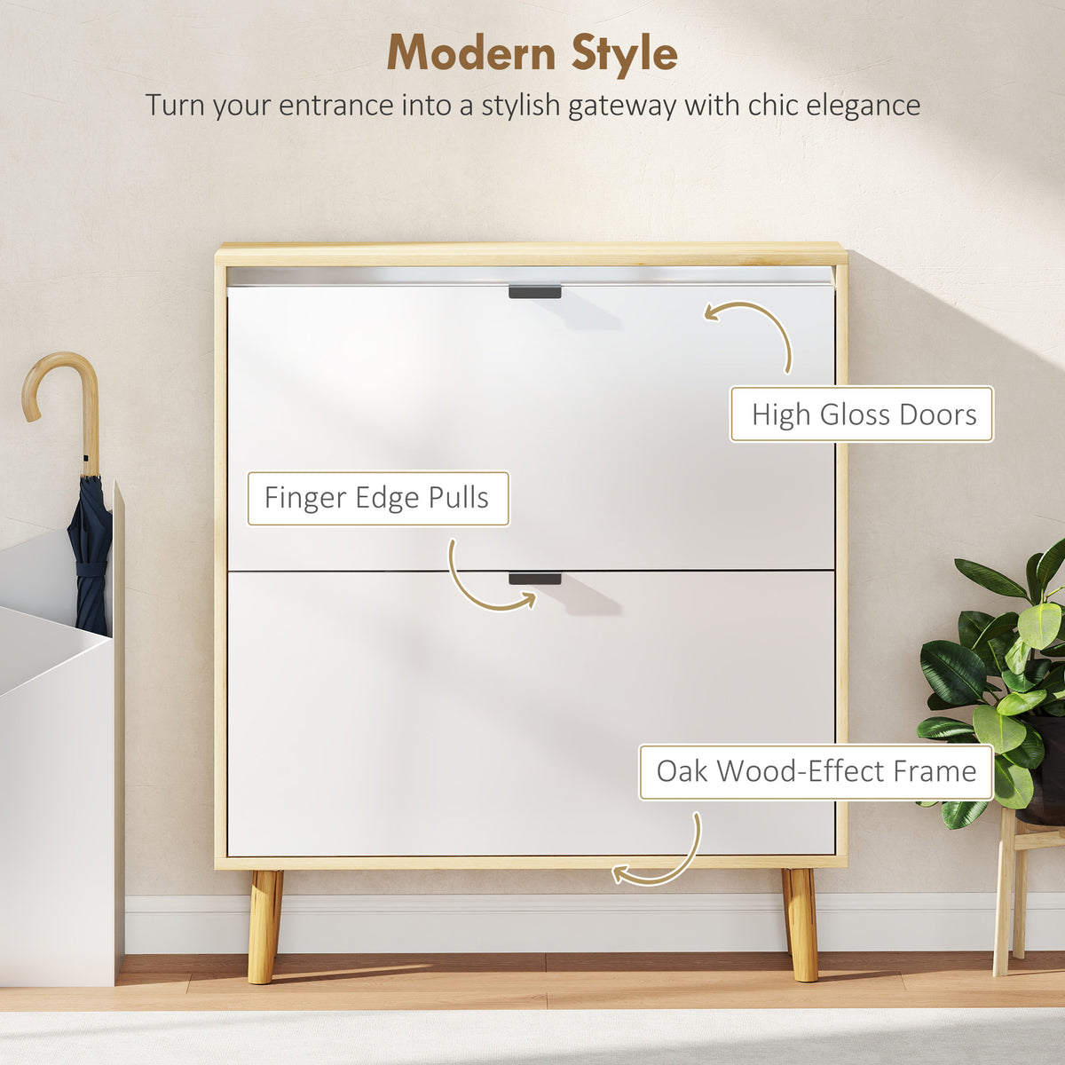 Narrow Shoe Cabinet, High Gloss Shoe Storage Cabinet with 2 Flip Drawers and Adjustable Shelves, Holds 16 Pairs, White