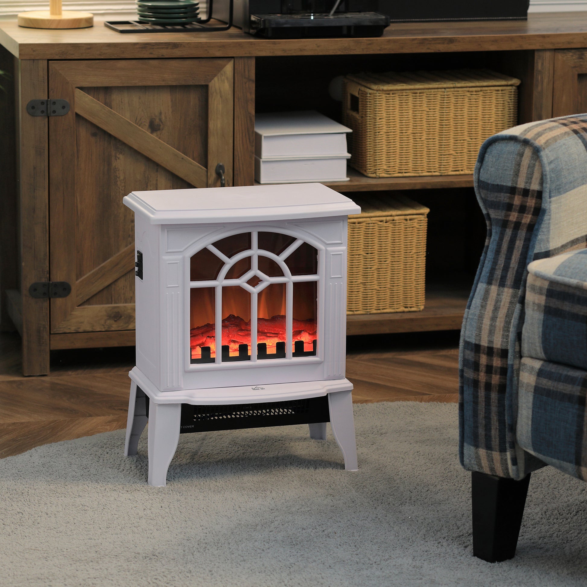 Electric Fireplace Heater, Freestanding Fireplace Stove with Realistic Flame and Overheat Protection, 750W/1500W, White