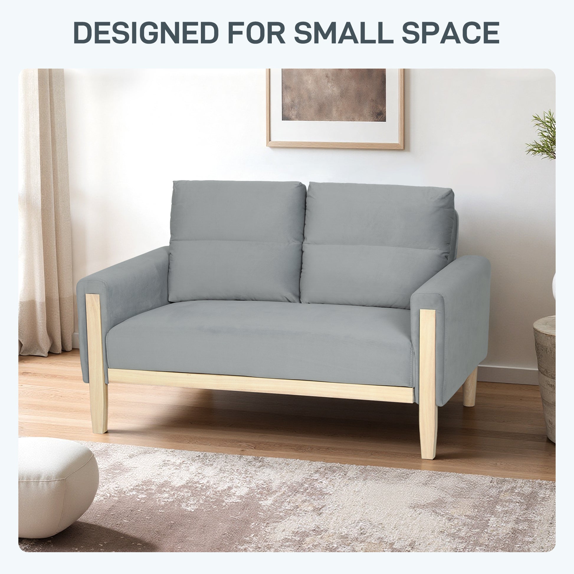 53" Loveseat Sofa, Small 2 Seater Couch with Solid Wood Legs, Modern Velvet Sofa for Living Room, Small Spaces, Grey