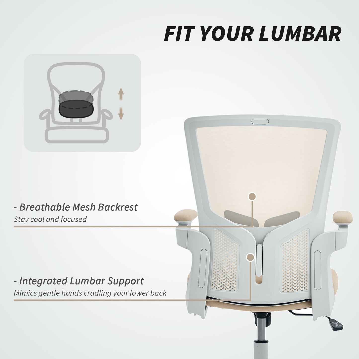 Ergonomic Office Chair, Swivel Desk Chair with Adjustable Lumbar Support and Height, Flip-up Armrests, Wheels, Beige