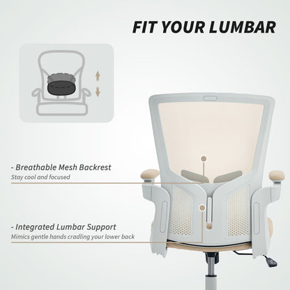 Ergonomic Office Chair, Swivel Desk Chair with Adjustable Lumbar Support and Height, Flip-up Armrests, Wheels, Beige