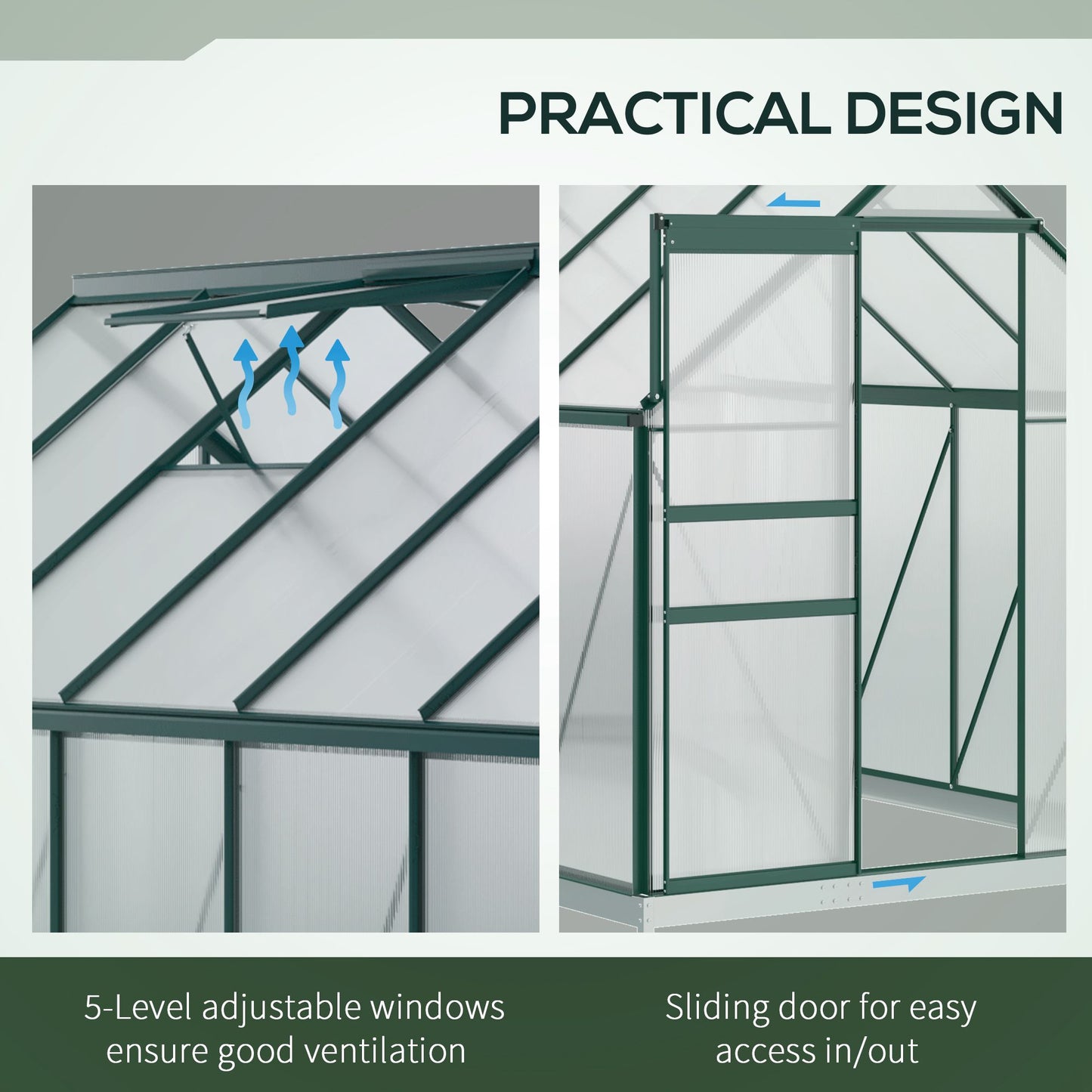 6' x 12' x 6.5' Polycarbonate Greenhouse, Walk-in Green House with Adjustable Roof Vent Galvanized Base Sliding Door Rai