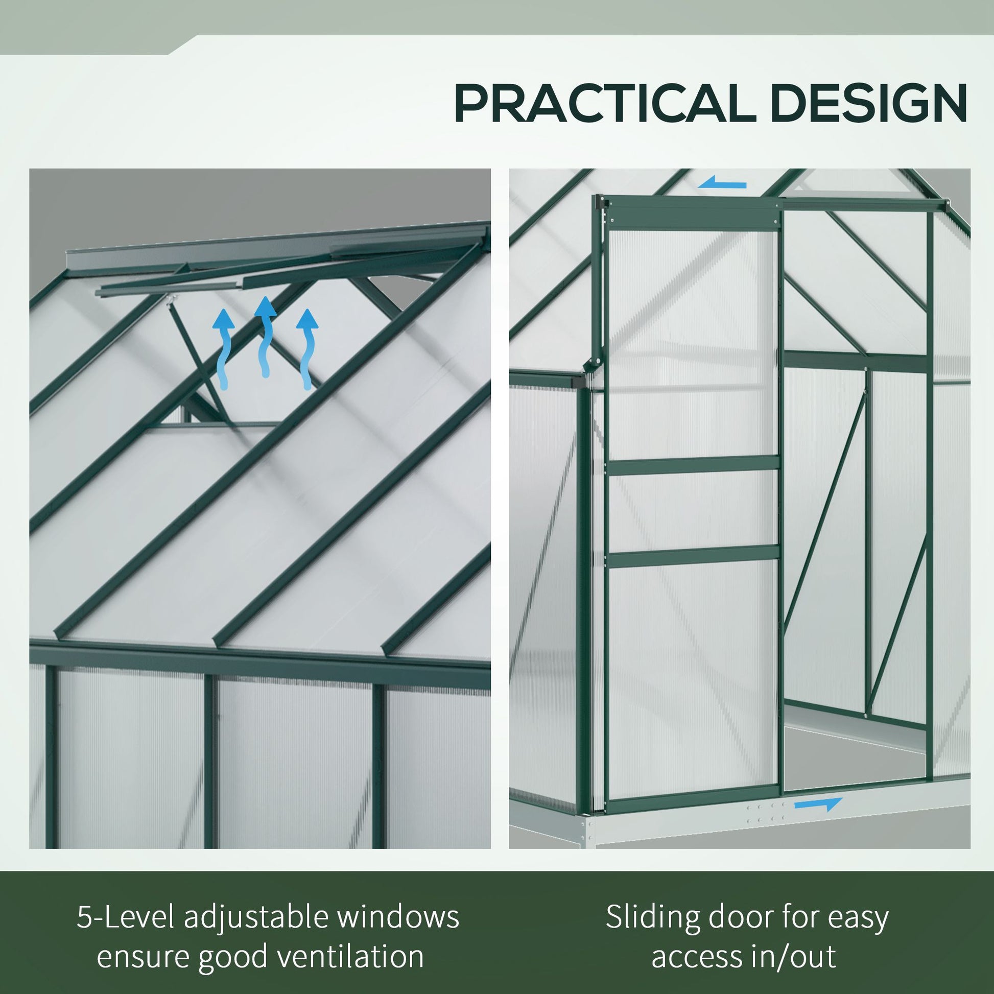 6' x 12' x 6.5' Polycarbonate Greenhouse, Walk-in Green House with Adjustable Roof Vent Galvanized Base Sliding Door Rai