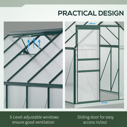 6' x 12' x 6.5' Polycarbonate Greenhouse, Walk-in Green House with Adjustable Roof Vent Galvanized Base Sliding Door Rai