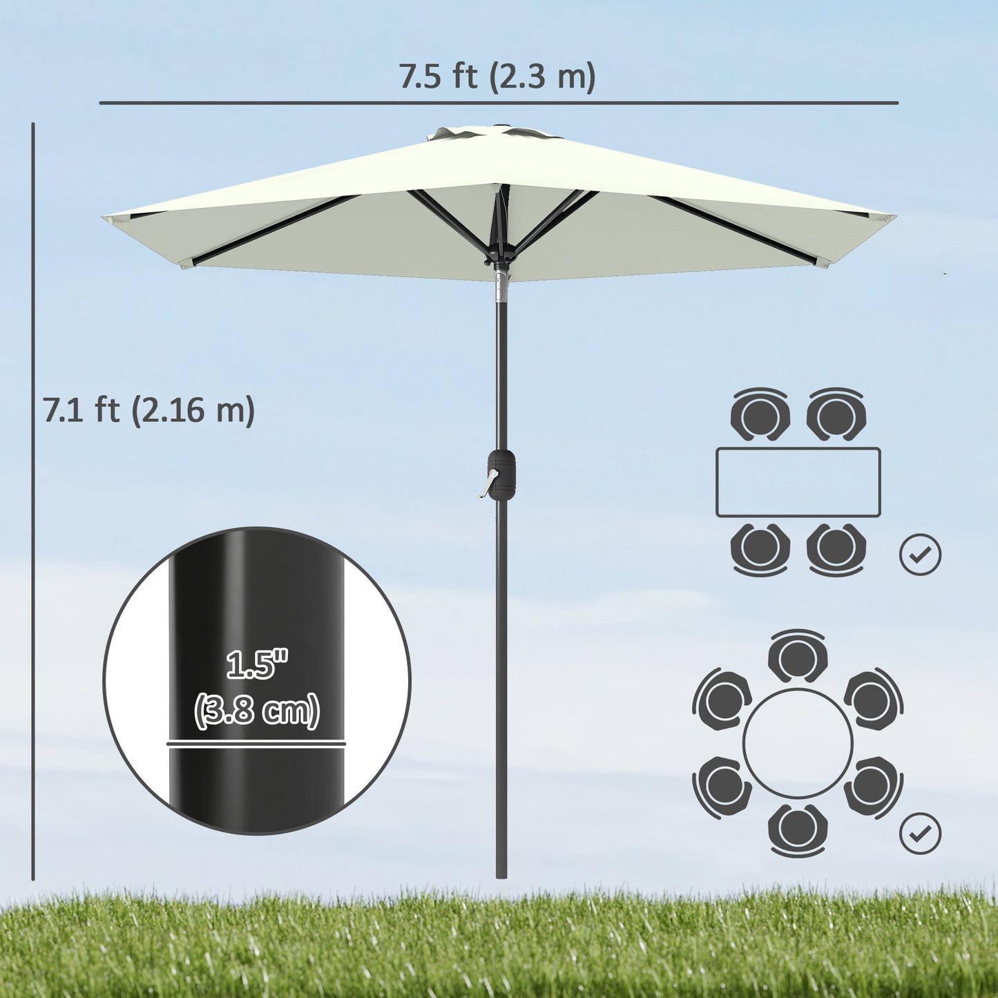 Patio Sun Umbrella, Outdoor Parasol with 6 Ribs, Cream White