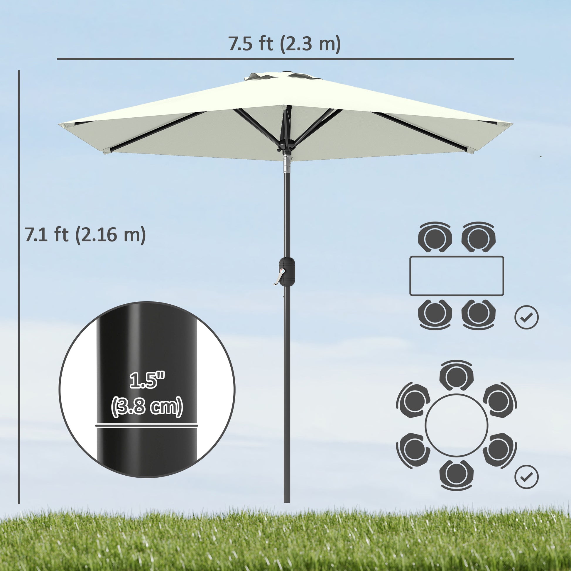 Patio Sun Umbrella, Outdoor Parasol with 6 Ribs, Cream White