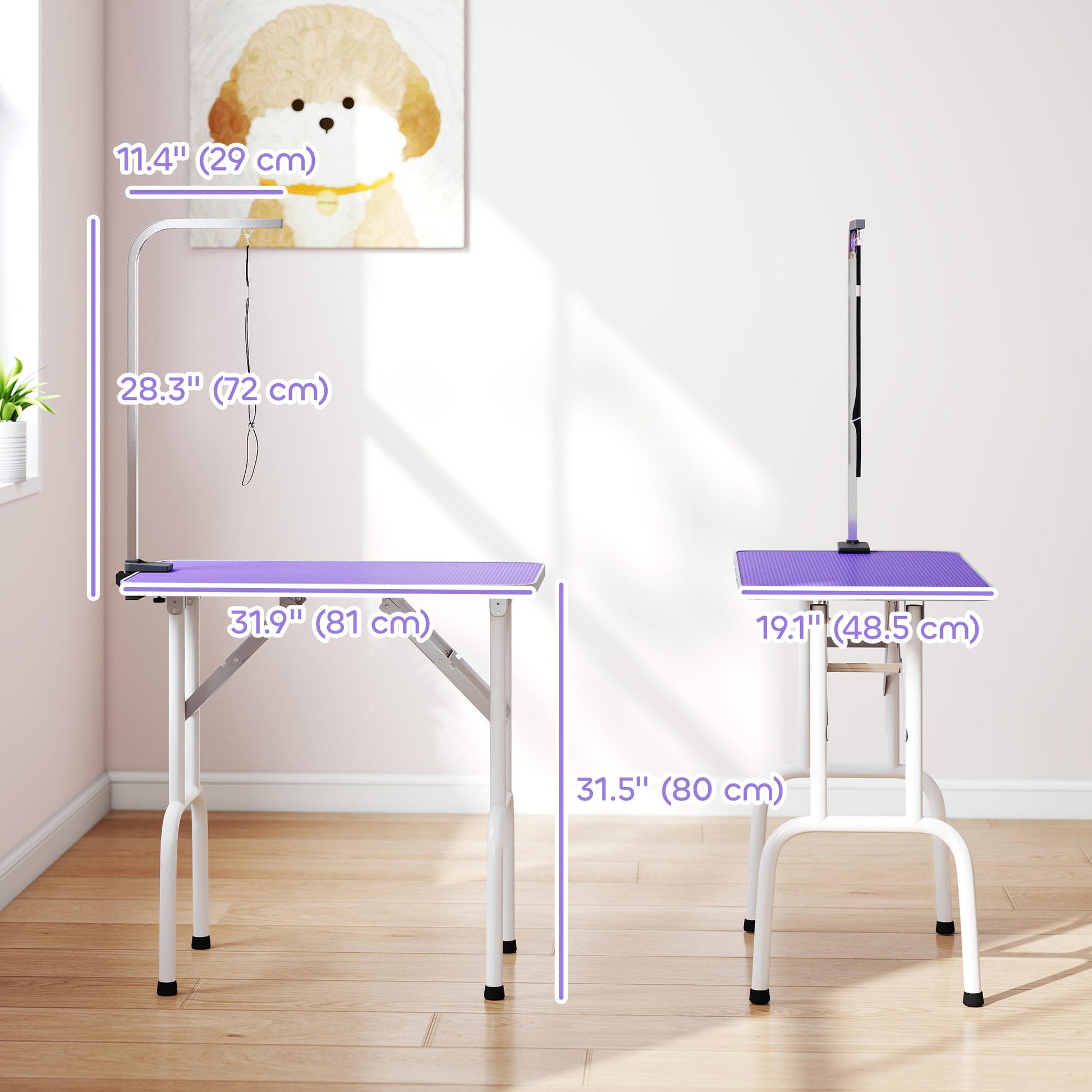 Foldable Pet Grooming Table for Dogs Cats with Adjustable Arm, Non-slip Surface, Purple