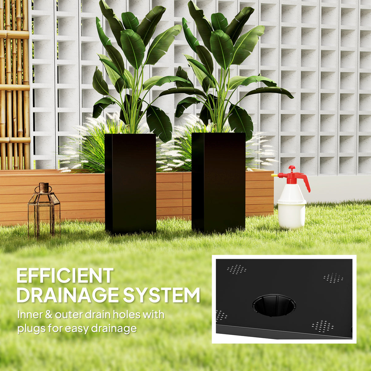 2 Pack Planter Box, 26 Inch Plastic Flower Pots with Water Level Indicator, Drainage Hole and Drain Plug, Black