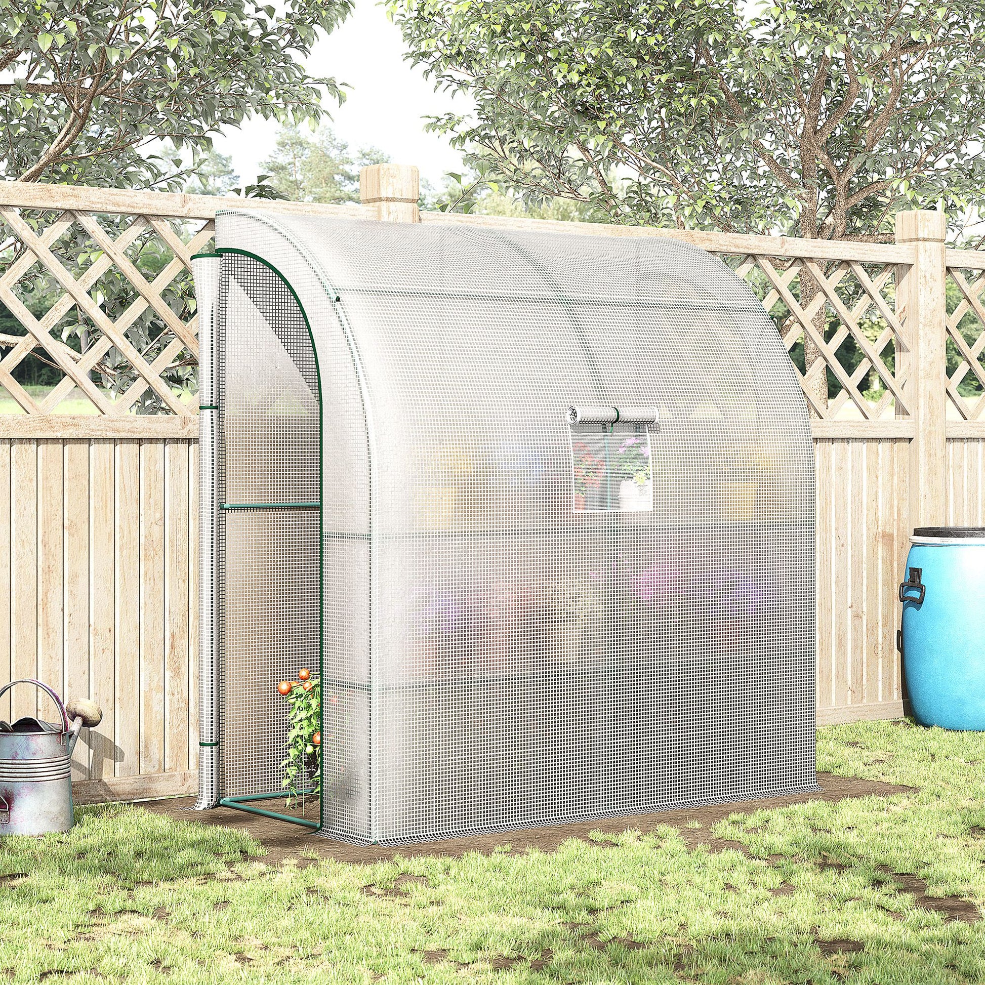 7' x 3' x 7' Outdoor Lean-to Walk-In Greenhouse w/ Roll-up Mesh Windows, Zipper Door and 3-Tier Shelves, White