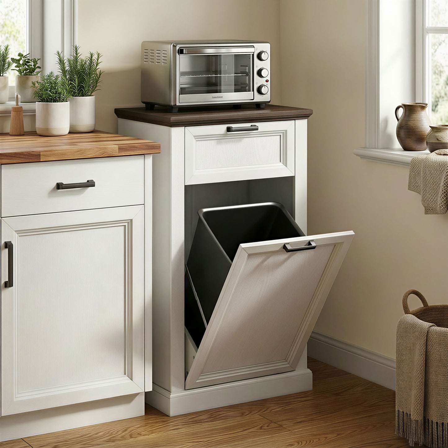 10 Gallon Trash Can Cabinet with Drawer, Farmhouse Tilt Out Garbage Cabinet Laundry Hamper, White Wood Effect