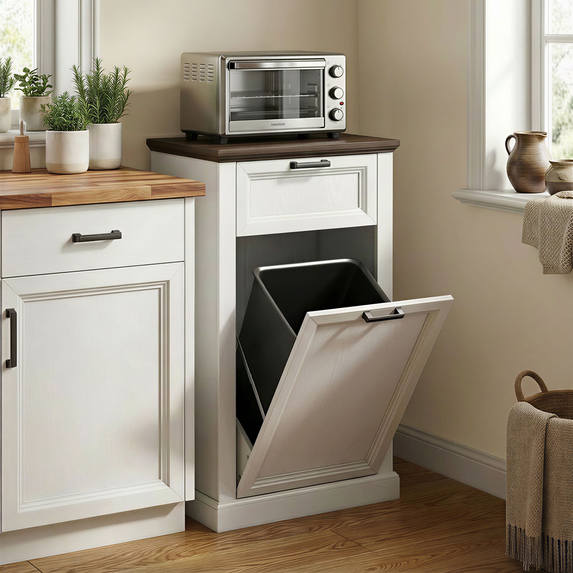 10 Gallon Trash Can Cabinet with Drawer, Farmhouse Tilt Out Garbage Cabinet Laundry Hamper, White Wood Effect