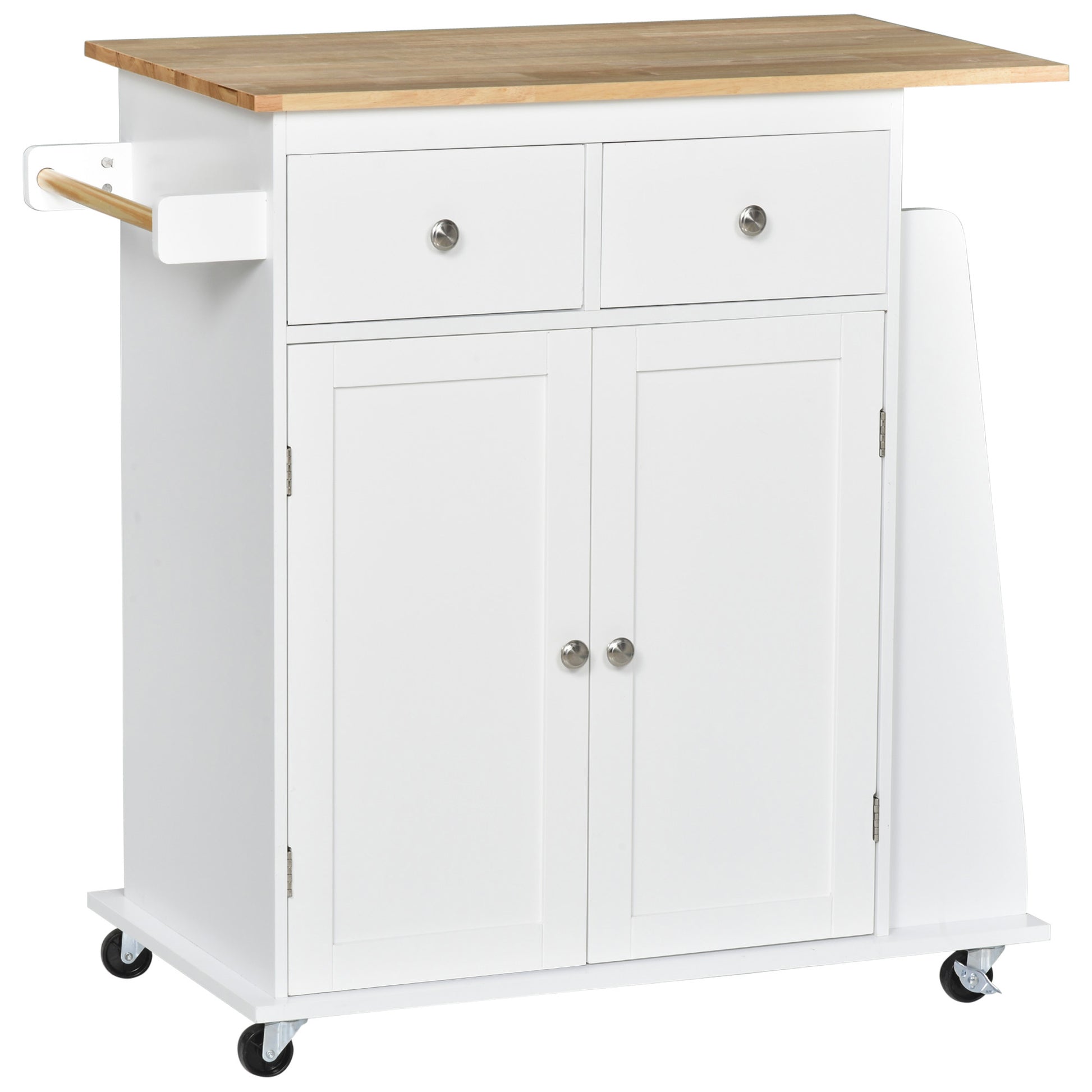 Rolling Kitchen Island Trolley Storage Cart with Rubber Wood Top, 3-Tier Spice Rack, Towel Rack Home Kitchen Carts, Whit