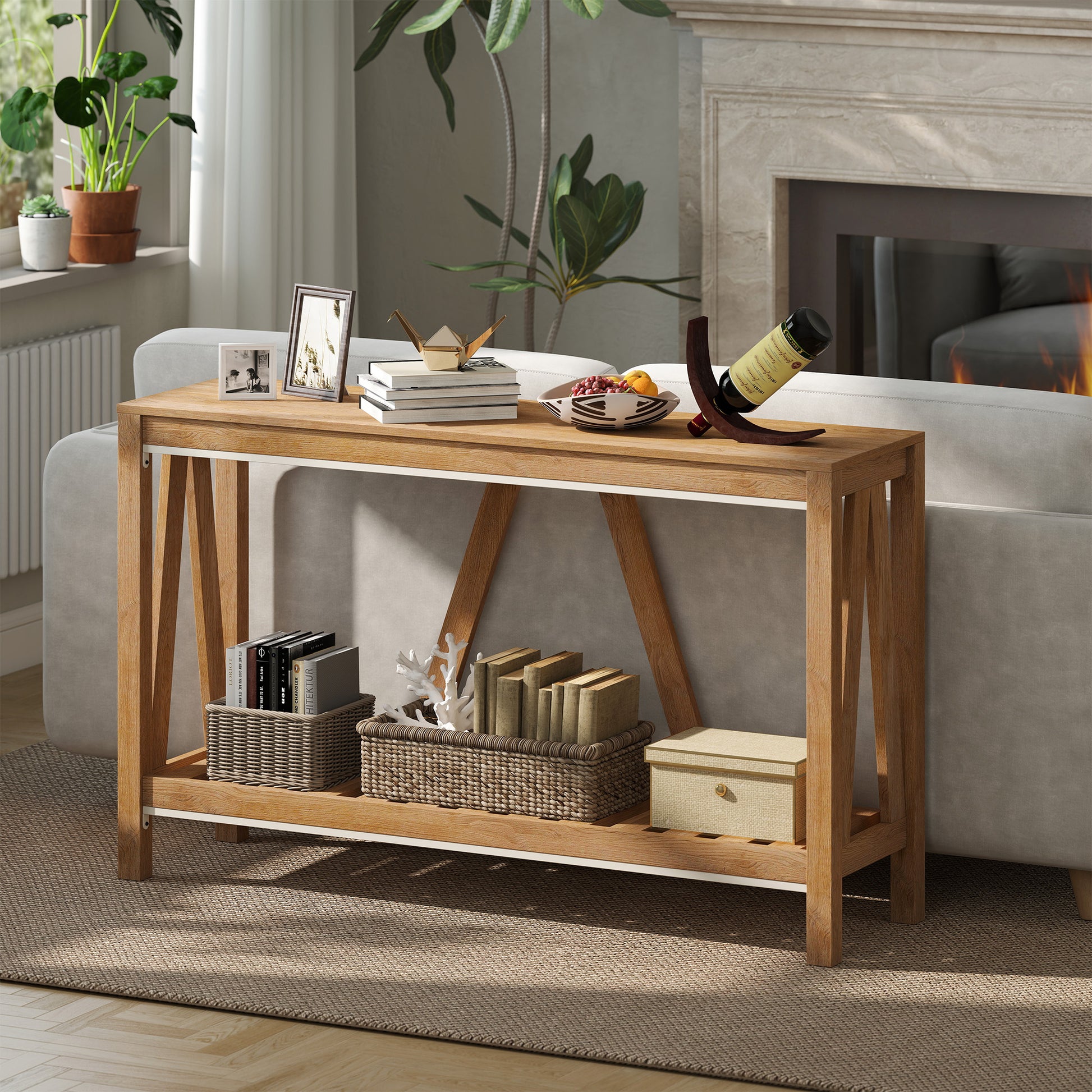 52" Console Table, Farmhouse Narrow Entryway Table with Storage Shelf, Rustic Sofa Table with Anti-tipper for Living Roo
