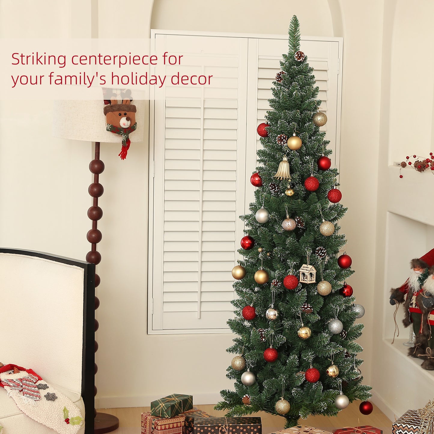 6ft Artificial Pencil Christmas Tree with 618 Branches, Pinecones, Metal Stand, Realistic Xmas Tree for Home