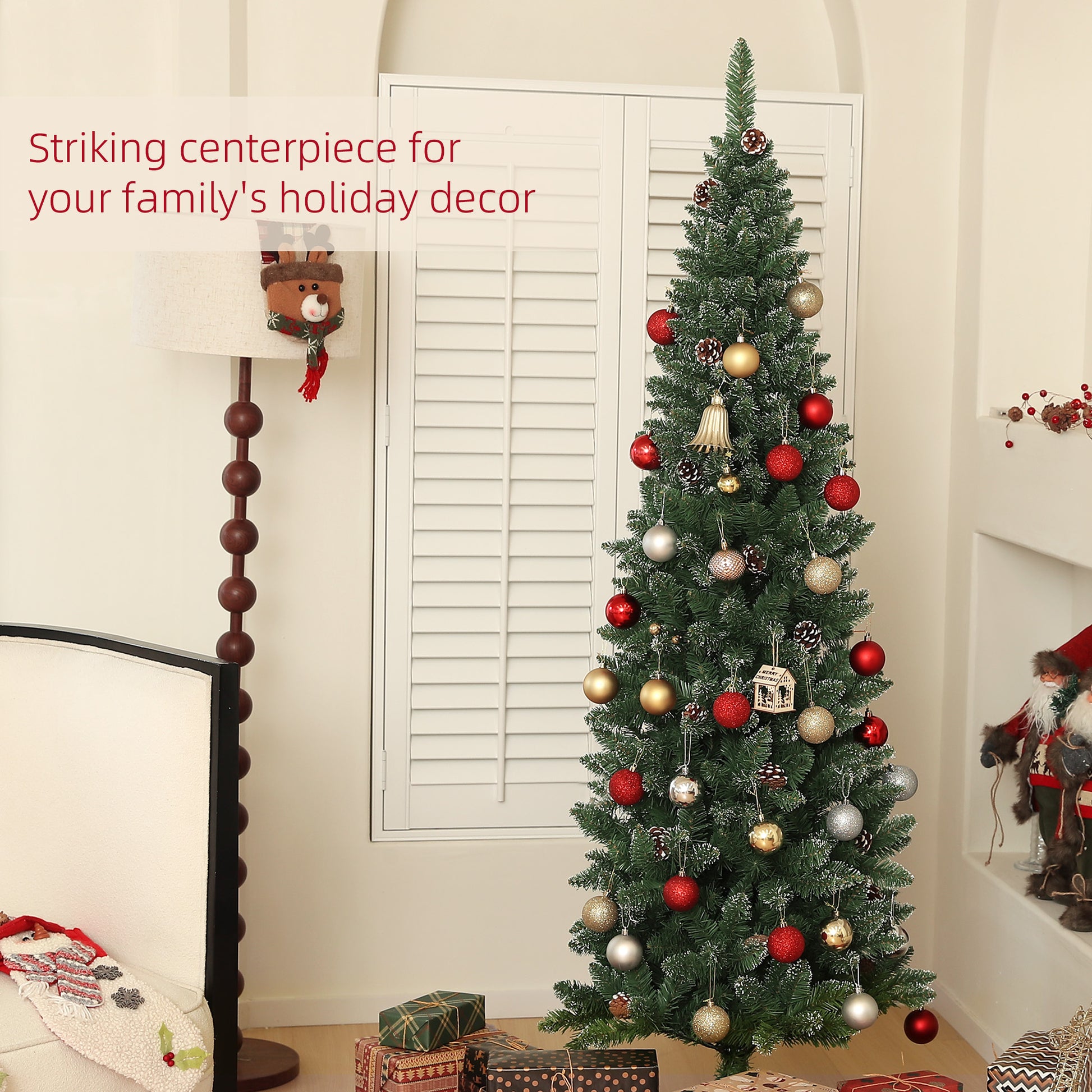 6ft Artificial Pencil Christmas Tree with 618 Branches, Pinecones, Metal Stand, Realistic Xmas Tree for Home