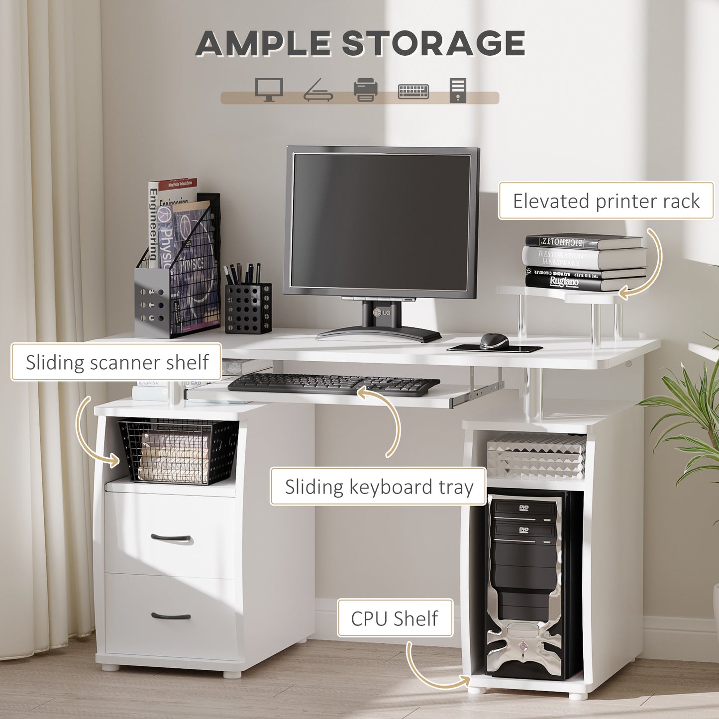 Computer Desk with Keyboard Tray, Home Office Desk with Drawers, CPU Stand, Printer Stand and Open Shelves, Writing Work