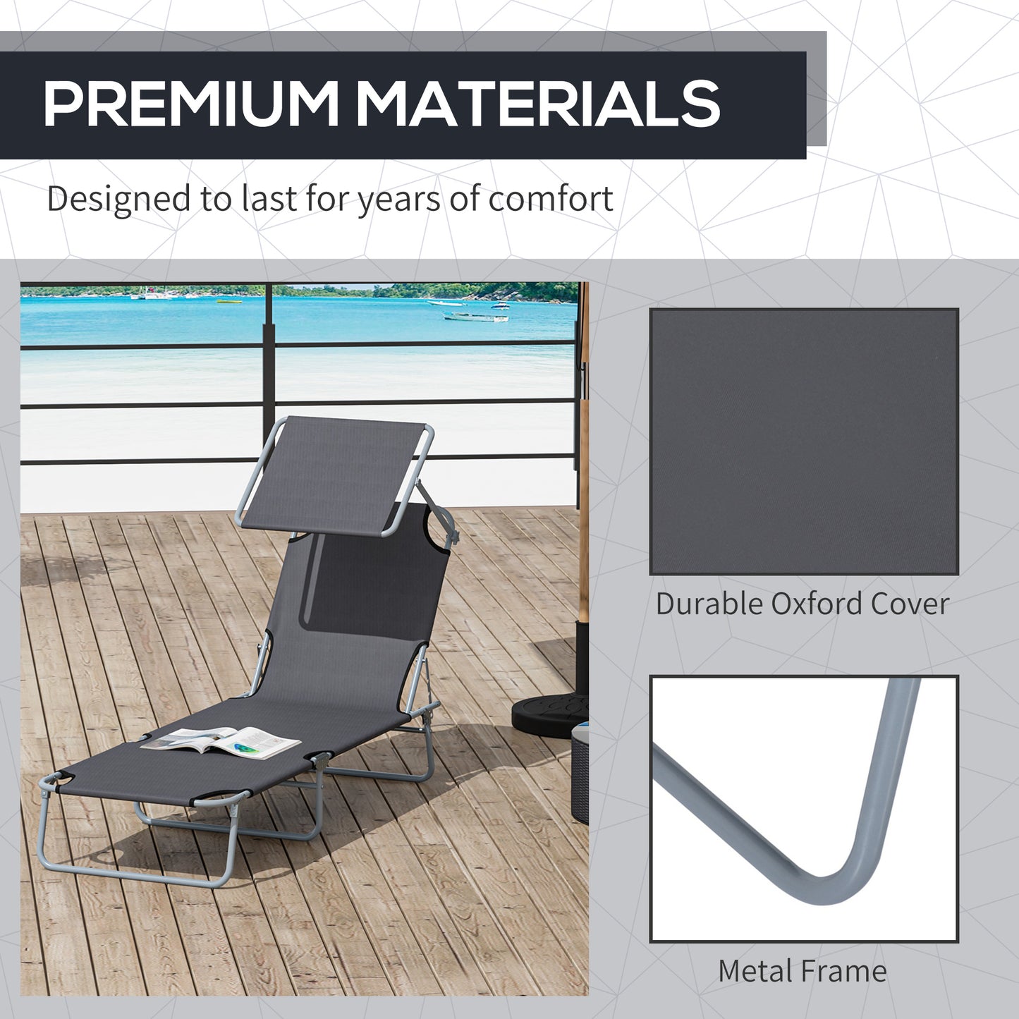 Outdoor Lounge Chair, Adjustable Folding Chaise Lounge,  Tanning Chair with Sun Shade for Beach, Camping, Hiking, Backya