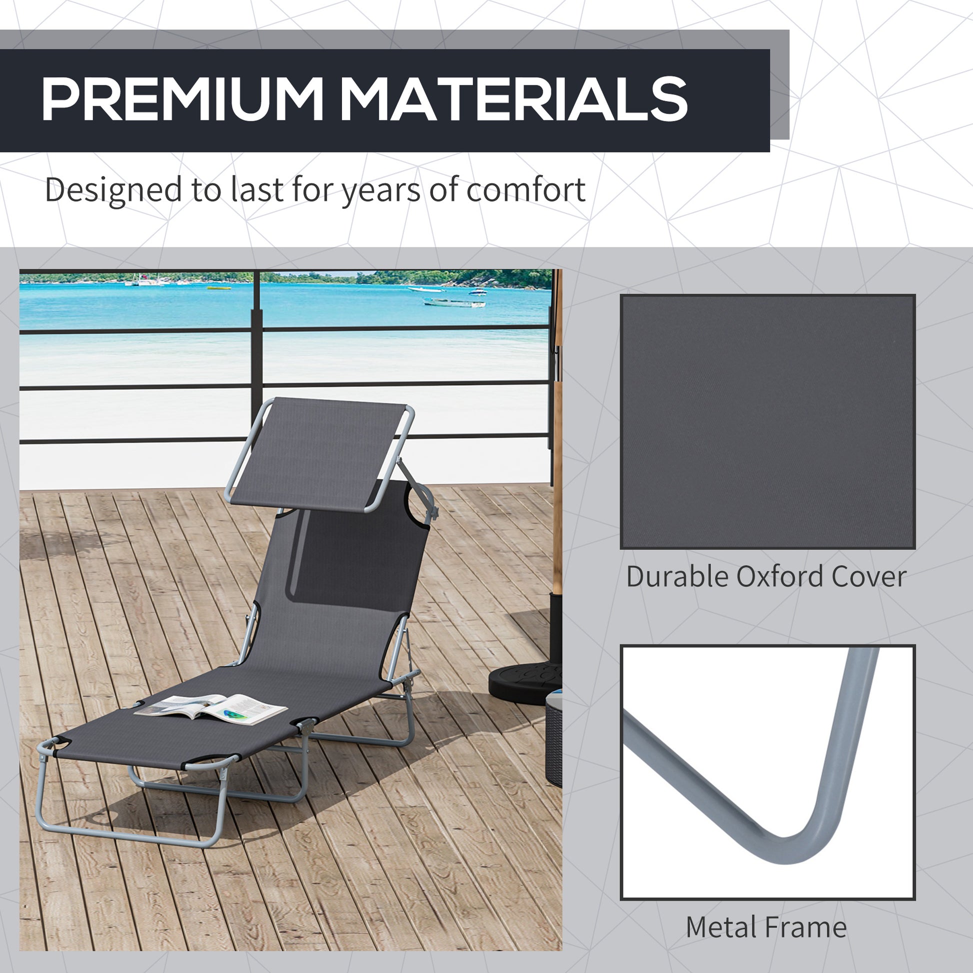 Outdoor Lounge Chair, Adjustable Folding Chaise Lounge,  Tanning Chair with Sun Shade for Beach, Camping, Hiking, Backya