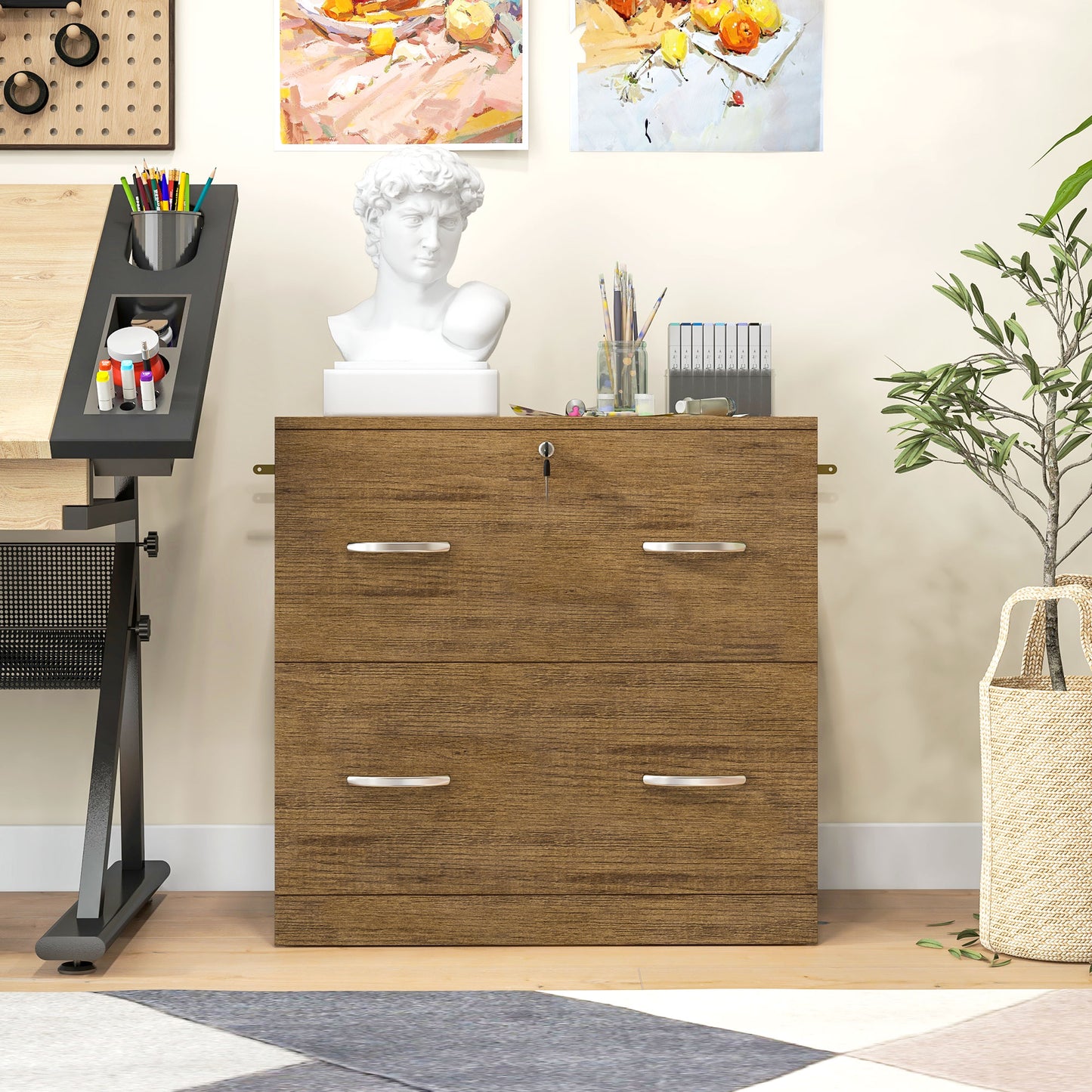 2 Drawer File Cabinet with Lock, Office Filing Cabinet, Hanging Bar for Letter Size, Home Office, Light Brown