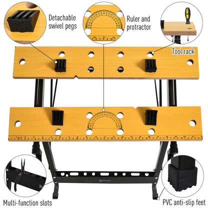 Foldable Work Bench w/ 4 Adjustable Clamps, Carpenter Saw Table, MDF Surface, Steel Frame, Portable Work Bench 100kg/220