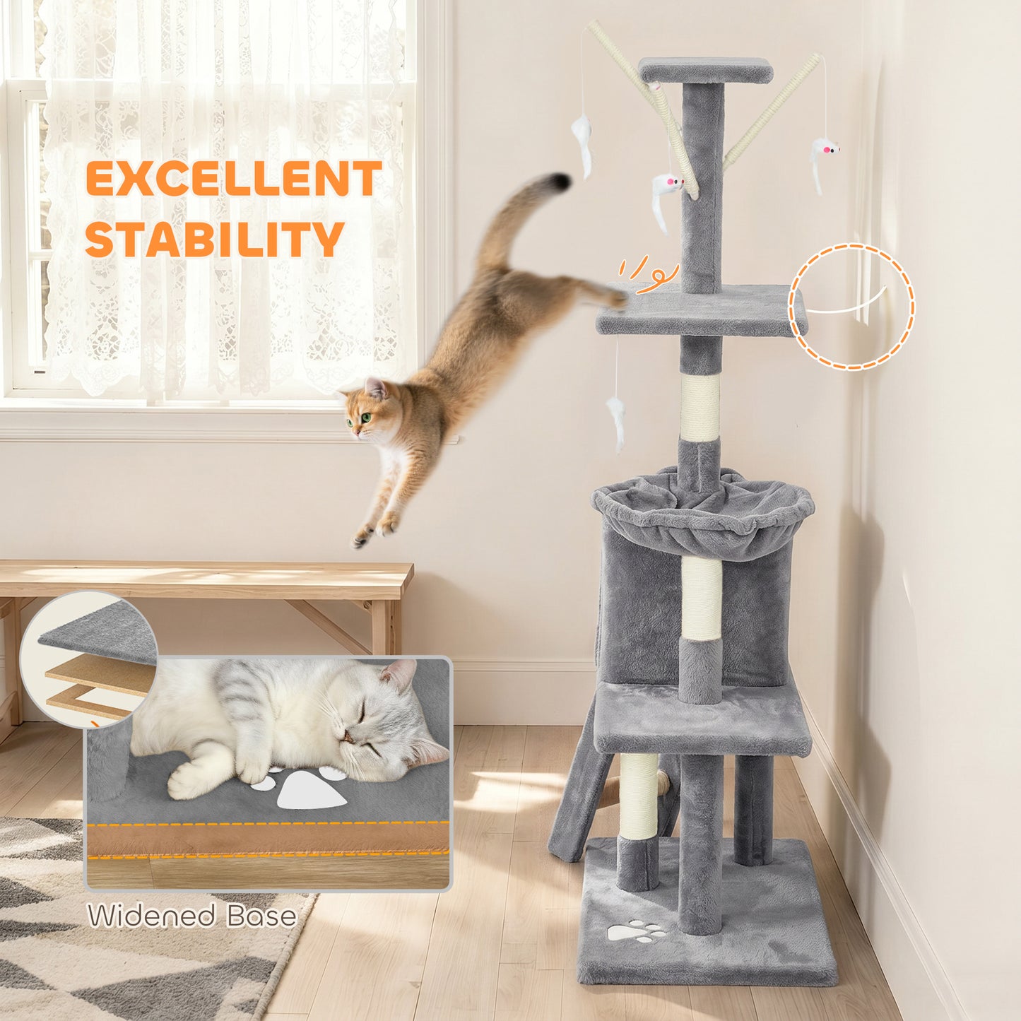 53" Cat Tree Tower, Kitten Activity Centre with Scratching Posts, Condo, Perches, Ladder, Hammock, Dangling Toys, Grey