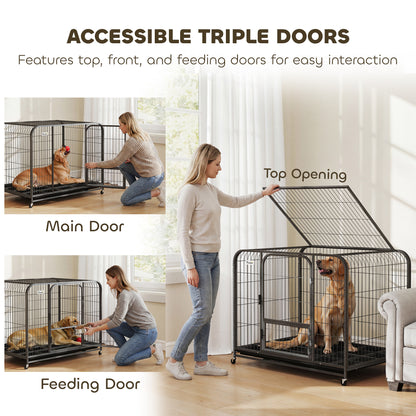 43 Inch Heavy Duty Dog Crate, Extra Large Metal Dog Cage with Lockable Wheels and Removable Tray
