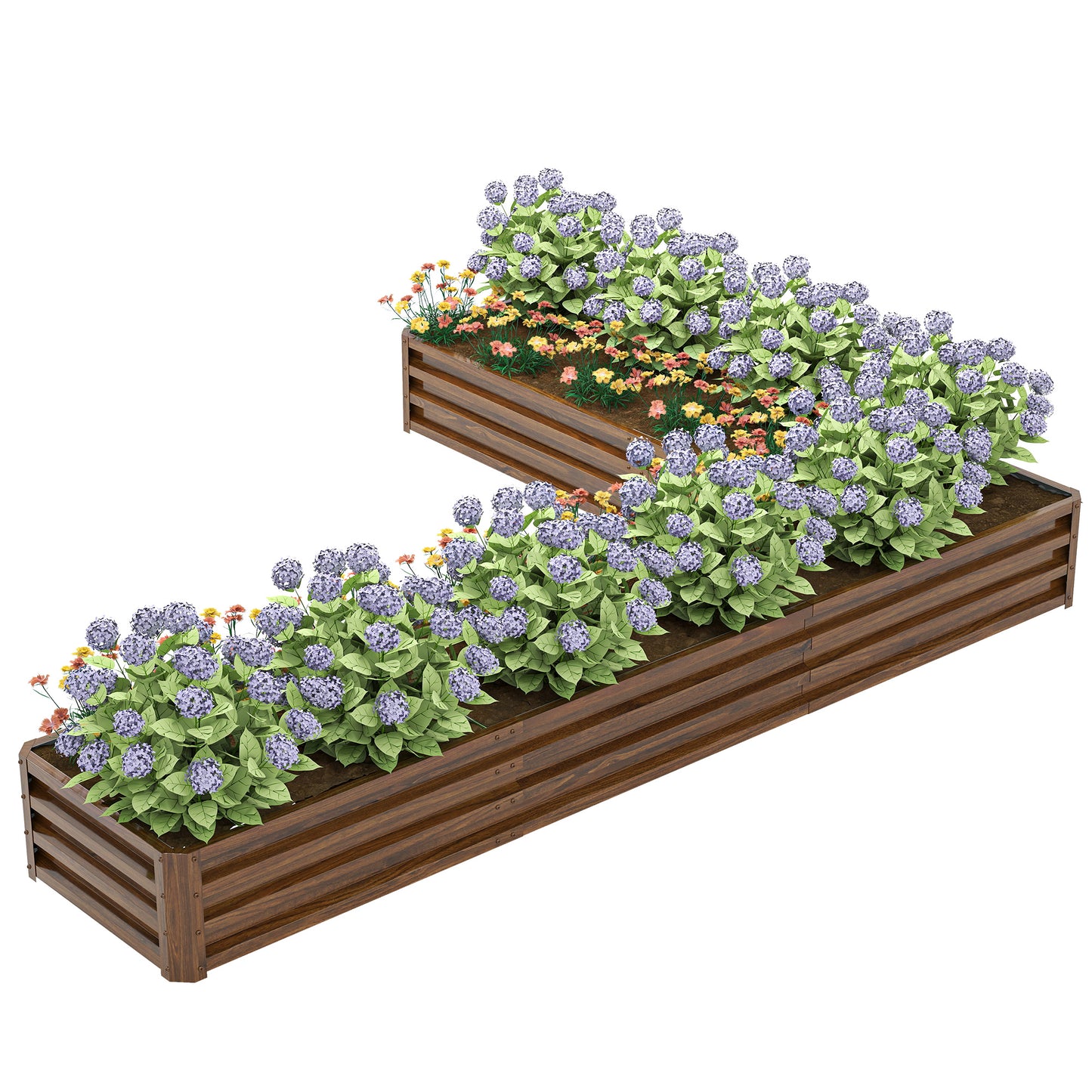 L-Shaped Raised Garden Bed, 82" x 109" x 12" Galvanized Steel Planter Box with Multi-reinforced Rods for Vegetables, Flo