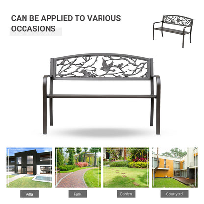 50" Garden Bench Outdoor Loveseat with Vintage Bird Pattern Cast Metal - Brown