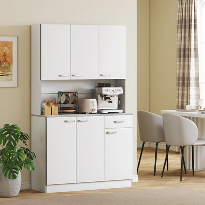 71" Modern Buffet with Hutch, Standing Kitchen Hutch with Storage Cabinets, Drawer, Open Space with Microwave Stand, Whi