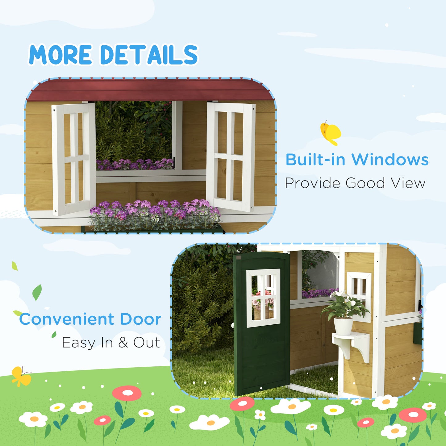 Kids Wooden Outdoor Playhouse for Toddlers aged 3–8, featuring Door, Windows, Planter Pots and Boxes, Garden Cottage Sty