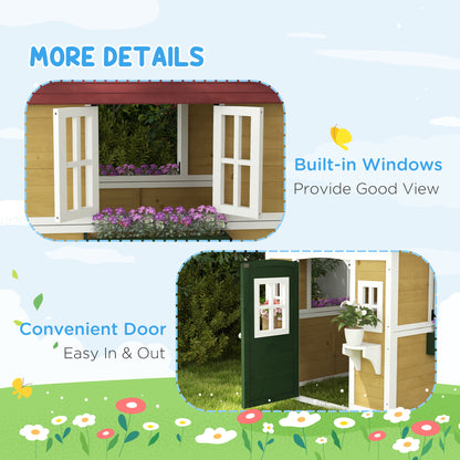 Kids Wooden Outdoor Playhouse for Toddlers aged 3–8, featuring Door, Windows, Planter Pots and Boxes, Garden Cottage Sty