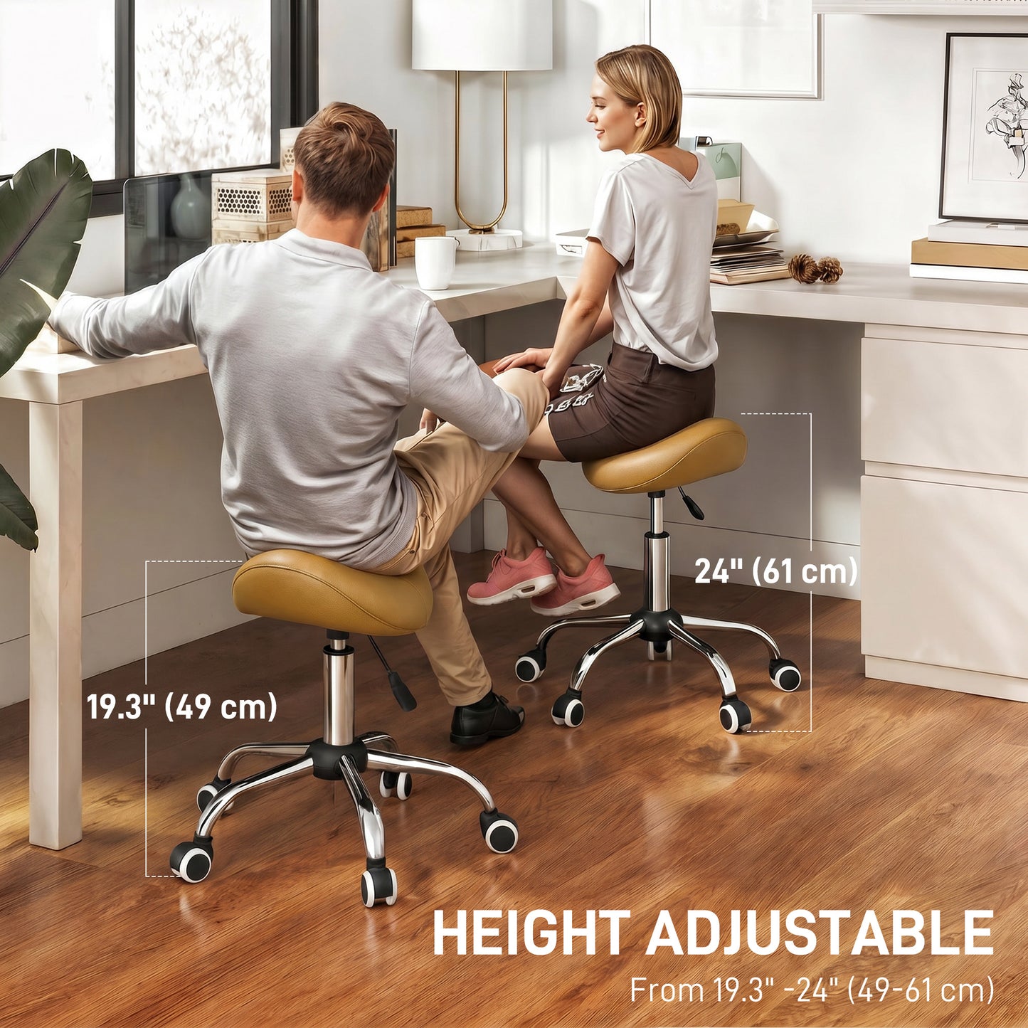 Adjustable PU Leather Saddle Chair with 360° Swivel, Healthy Posture, Saddle Chair for Massage Home Office, Light Brown