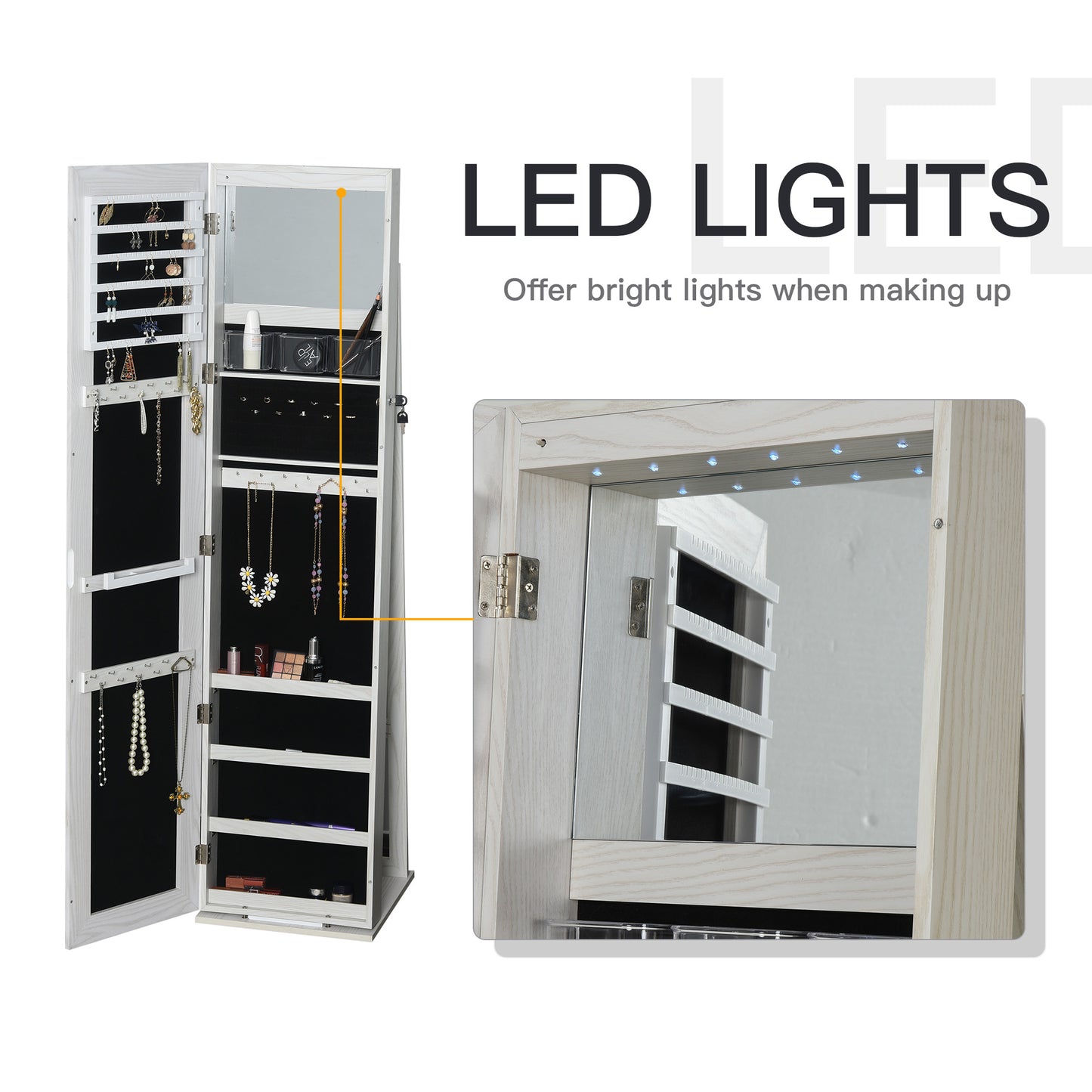 Mirror Jewelry Cabinet Armoire, Lockable Jewelry Organizer with Full-Length Mirror, LED Lights, Standing Jewelry Armoire